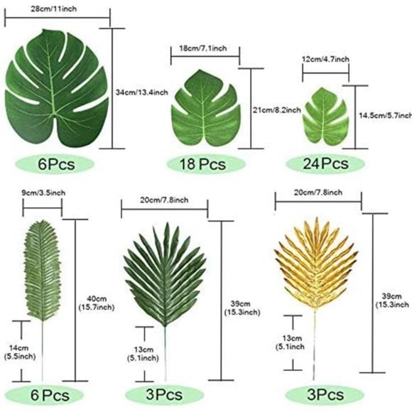 72 Pieces 10 Kinds Artificial Palm Leaves Golden Tropical Leaves w/ Stems Jungle - Picture 2 of 7